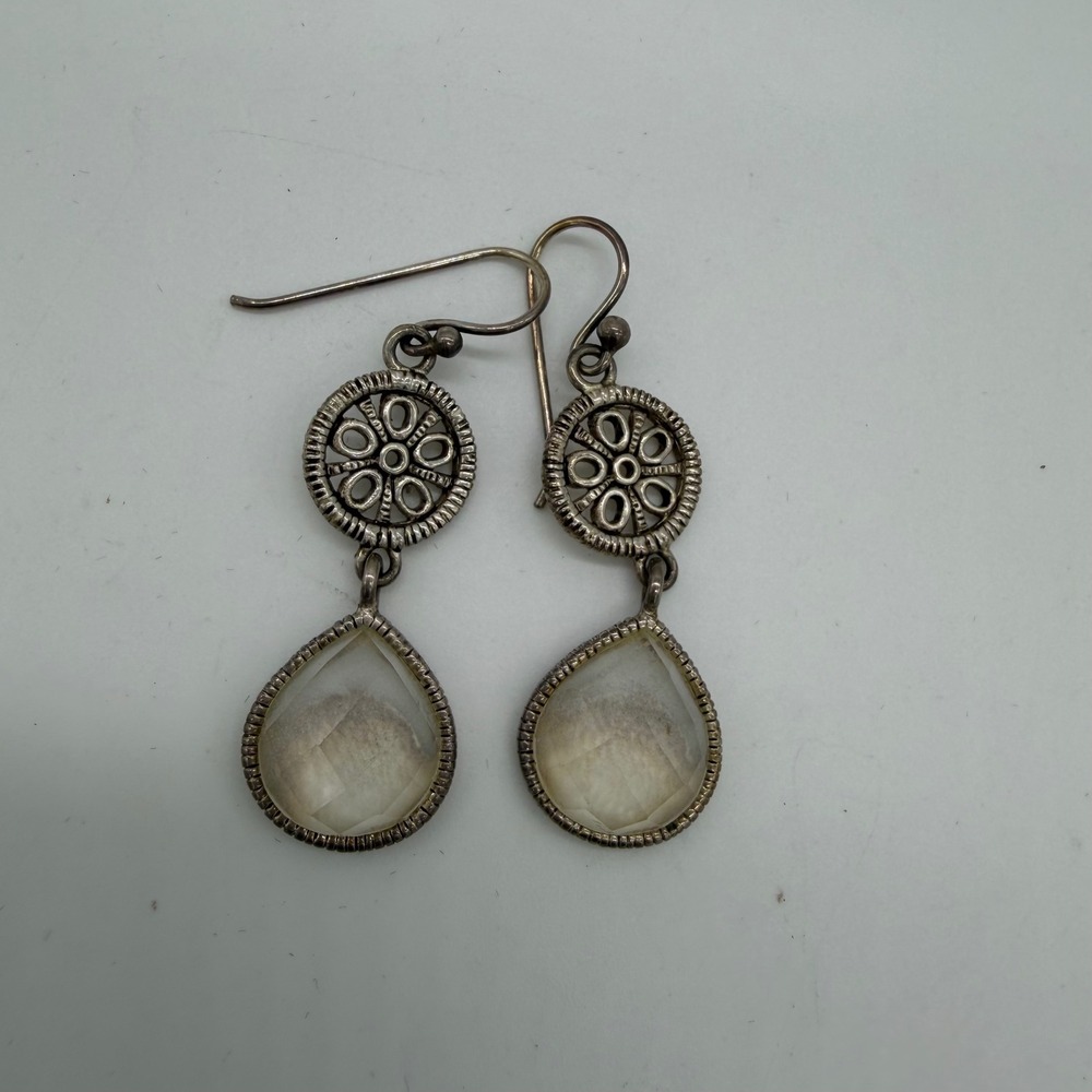 Vintage Barse Sterling Silver Teardrop Genuine Stone Dangle Earrings